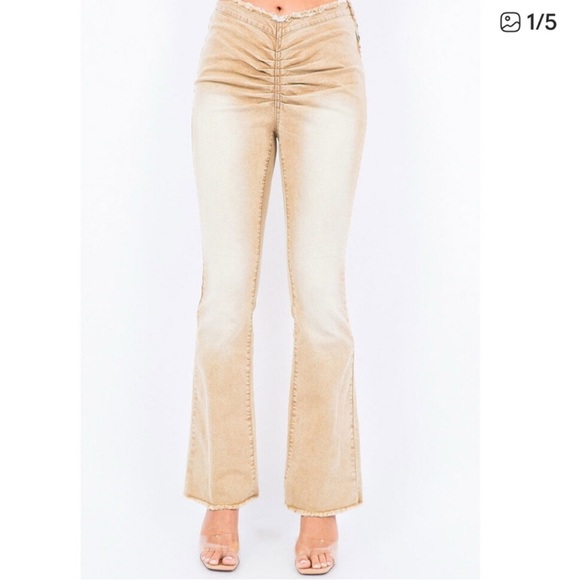 American Bazi New Shirring detail flare pants Dos Angeles khaki retro Large chic - Picture 2 of 8